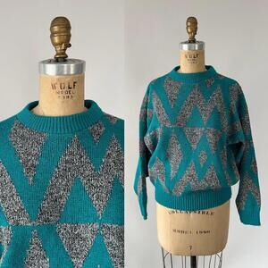 Vintage 1980s Turquoise Gray Diamond Geometric Acrylic Knit Batwing Sweater S